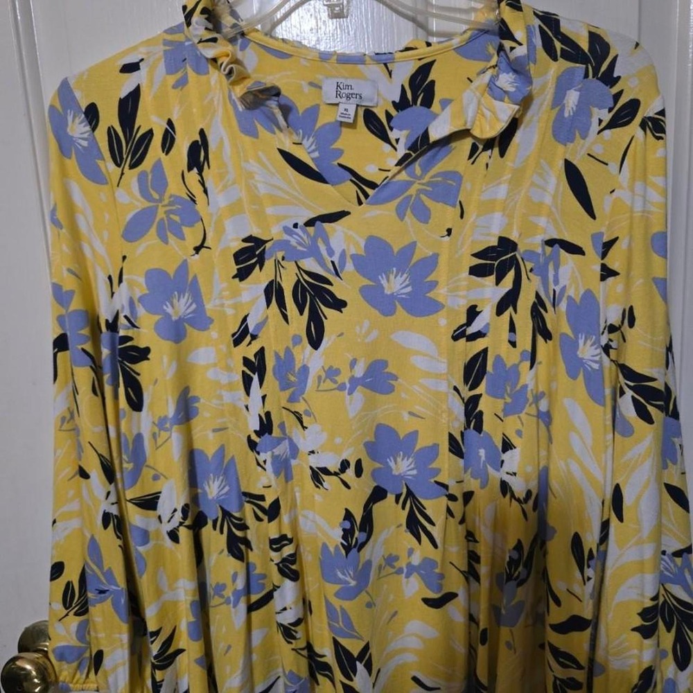 Kim Rogers Womens XL Yellow Floral Ruffle Neck Long Sleeve Blouse Top